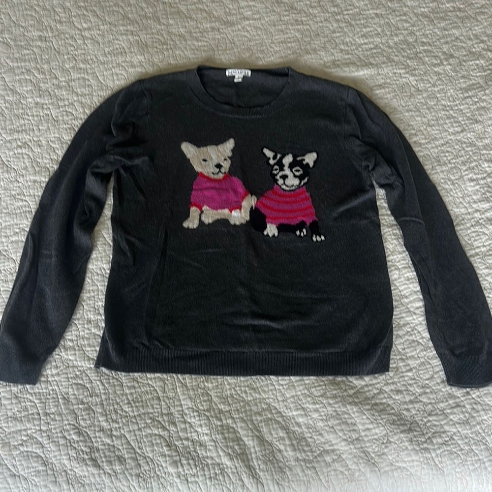 J. Crew Black Sweater with Pink Dog Design